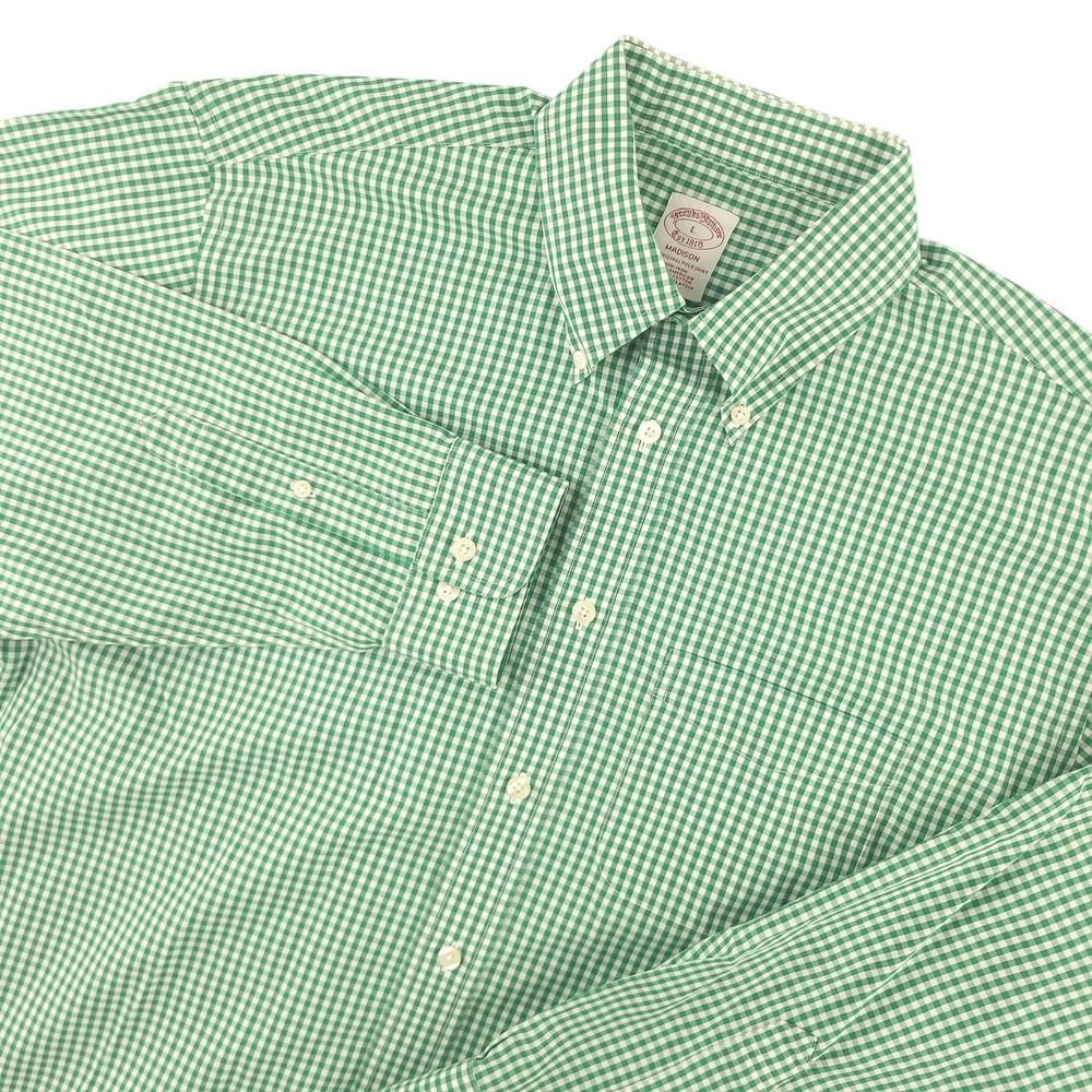 Brooks Brothers Dress Shirt Mens L Green Gingham Madison Non Iron Supima Cotton